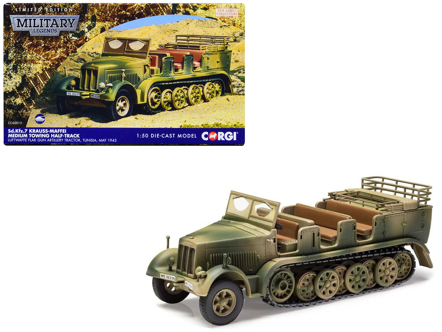 Krauss-Maffei Sd.Kfz.7 Medium Towing Half-Track AFV "Luftwaffe FlaK Gun Artillery Tractor Tunisia" (1943) German Army "Military Legends" Series 1/50 Diecast Model
