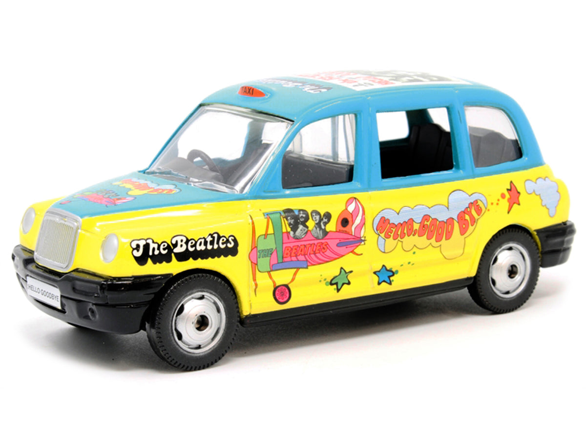 The Beatles London Taxi RHD (Right Hand Drive) "Hello Goodbye" Blue and Yellow with Graphics Diecast Model