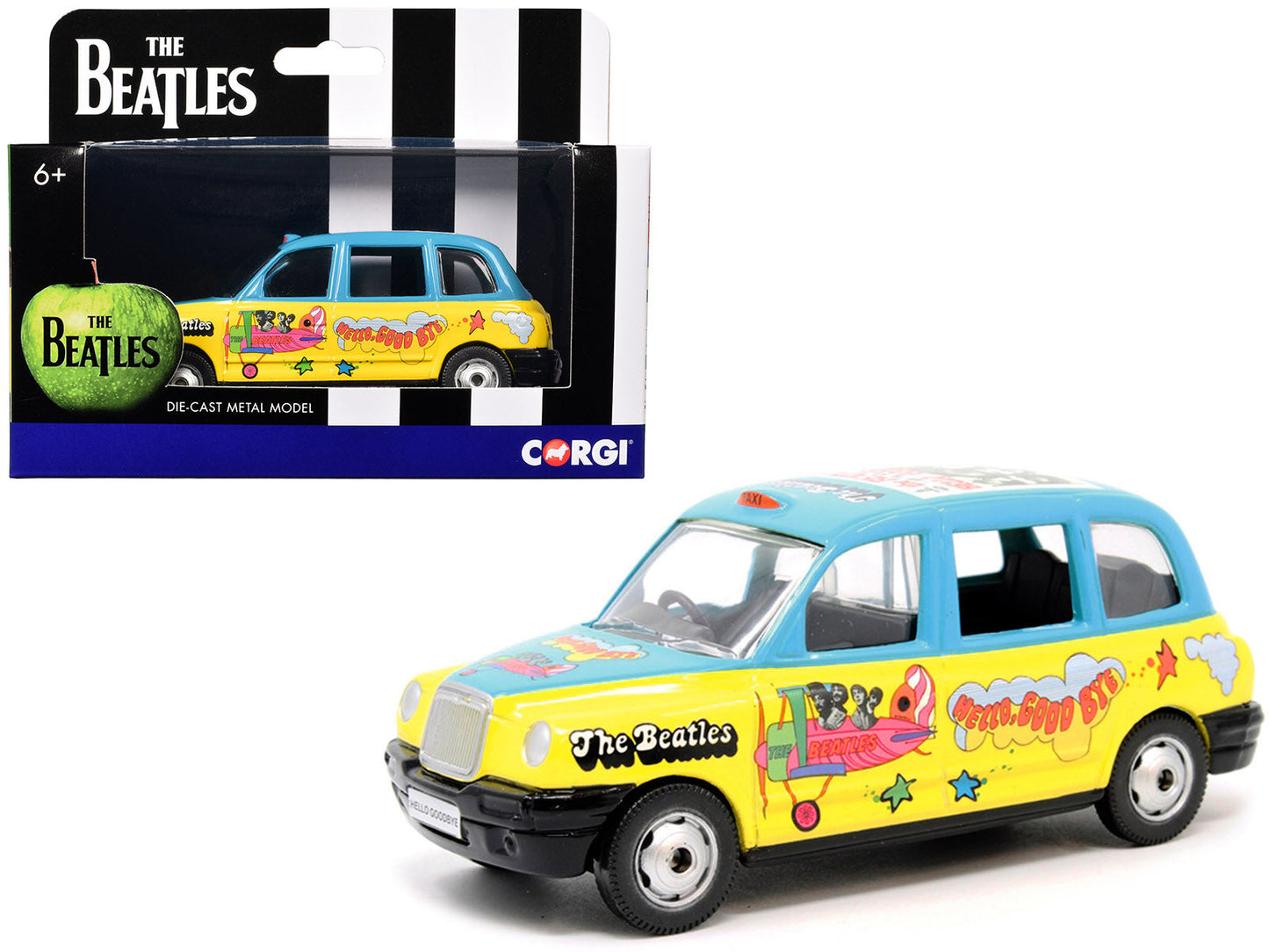 The Beatles London Taxi RHD (Right Hand Drive) "Hello Goodbye" Blue and Yellow with Graphics Diecast Model