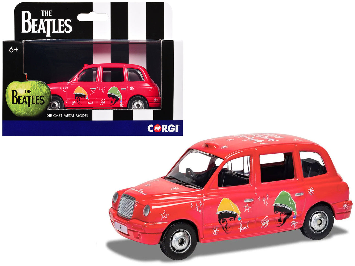 The Beatles London Taxi RHD (Right Hand Drive) "Christmas Taxi" Red with Graphics Diecast Model