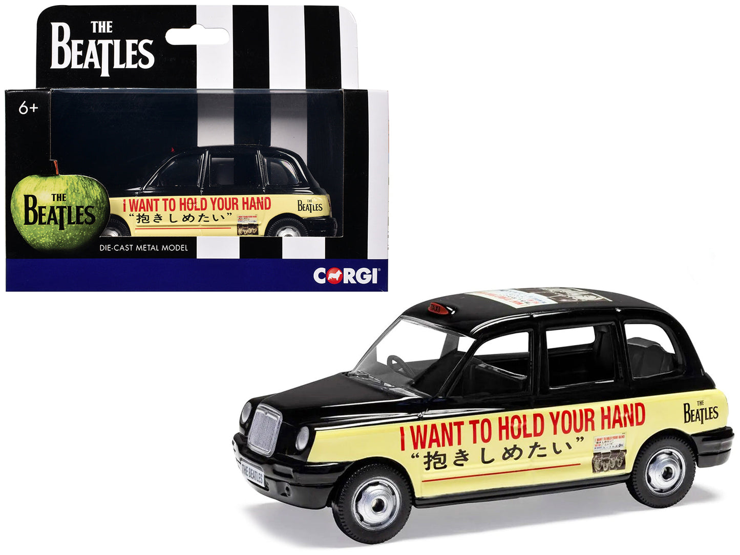 The Beatles London Taxi RHD (Right Hand Drive) "I Want To Hold Your Hand" Black and Cream with Graphics Diecast Model