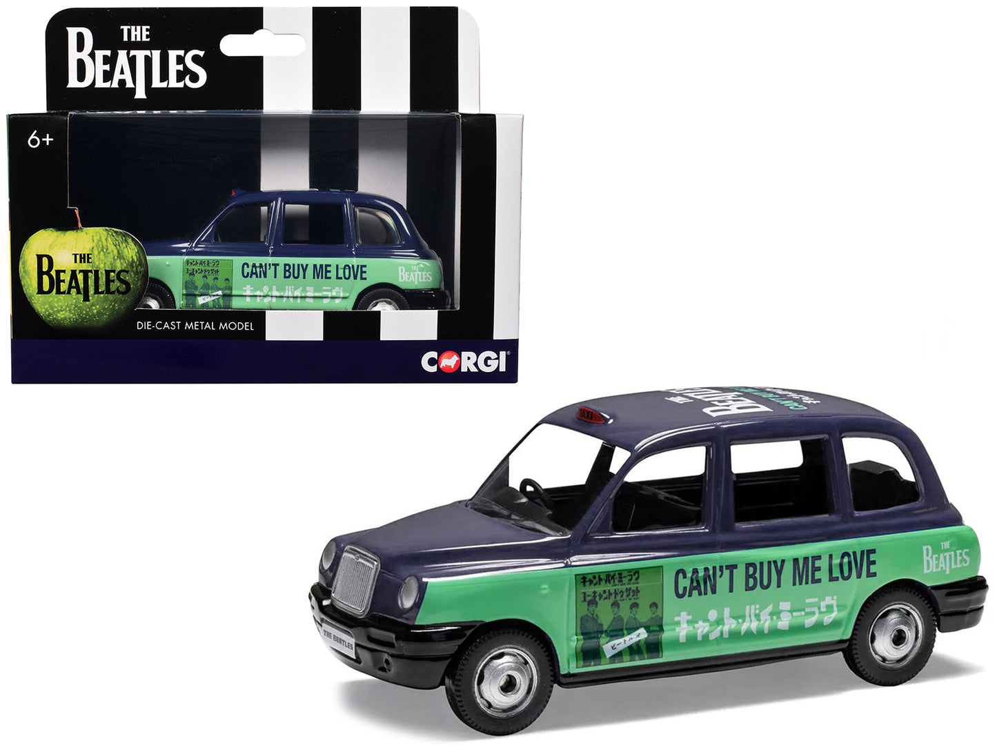 The Beatles London Taxi RHD (Right Hand Drive) "Can't Buy Me Love" Blue and Green with Graphics Diecast Model