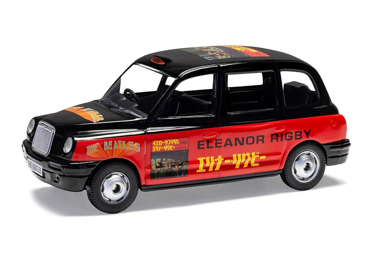 The Beatles London Taxi RHD (Right Hand Drive) "Eleanor Rigby - Yellow Submarine" Black and Red with Graphics Diecast Model