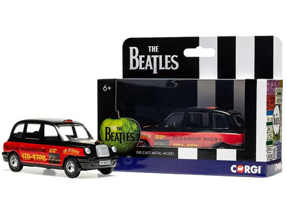 The Beatles London Taxi RHD (Right Hand Drive) "Eleanor Rigby - Yellow Submarine" Black and Red with Graphics Diecast Model