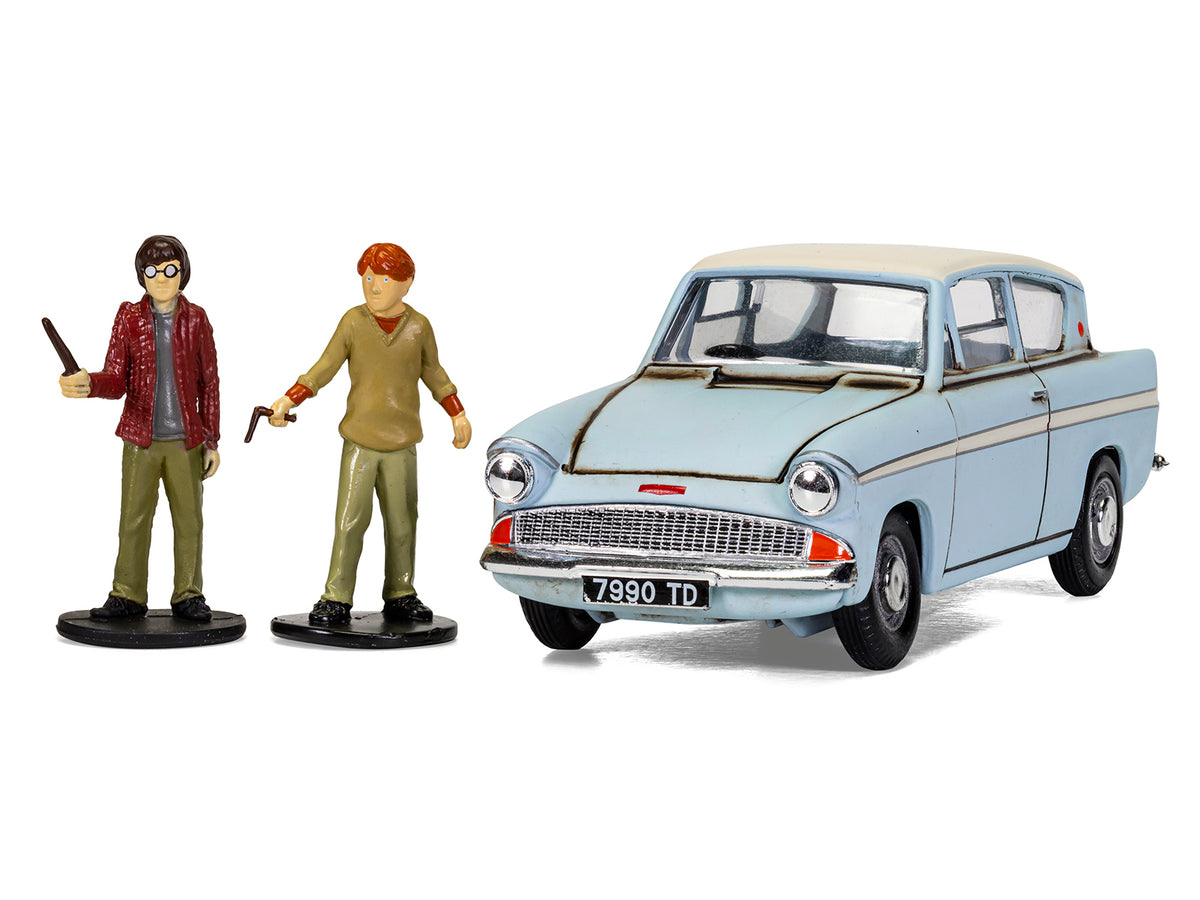 Flying Ford Anglia RHD (Right Hand Drive) Light Blue with White Top (Weathered) with Harry and Ron Figures "Harry Potter" Movie Series Diecast Model