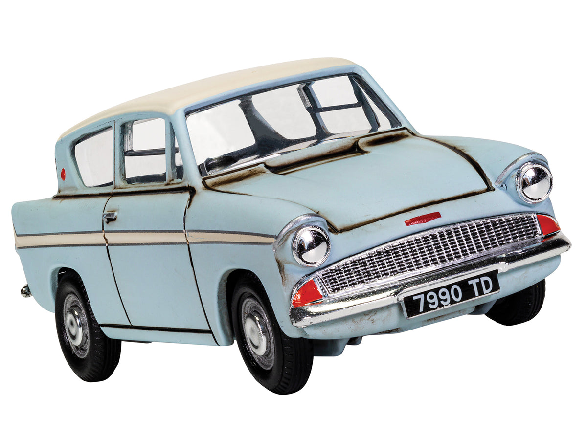 Flying Ford Anglia RHD (Right Hand Drive) Light Blue with White Top (Weathered) with Harry and Ron Figures "Harry Potter" Movie Series Diecast Model