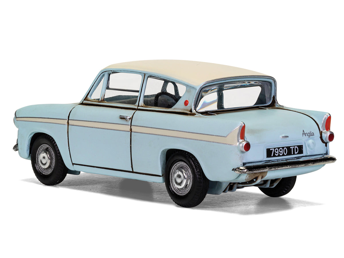 Flying Ford Anglia RHD (Right Hand Drive) Light Blue with White Top (Weathered) with Harry and Ron Figures "Harry Potter" Movie Series Diecast Model