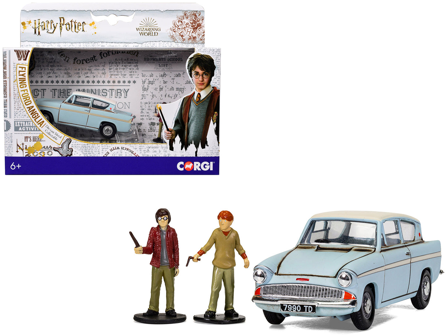 Flying Ford Anglia RHD (Right Hand Drive) Light Blue with White Top (Weathered) with Harry and Ron Figures "Harry Potter" Movie Series Diecast Model