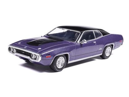 1971 Plymouth GTX Purple Metallic with Black Vinyl Top and Black Hood Stripe 1/43 Diecast Model Car