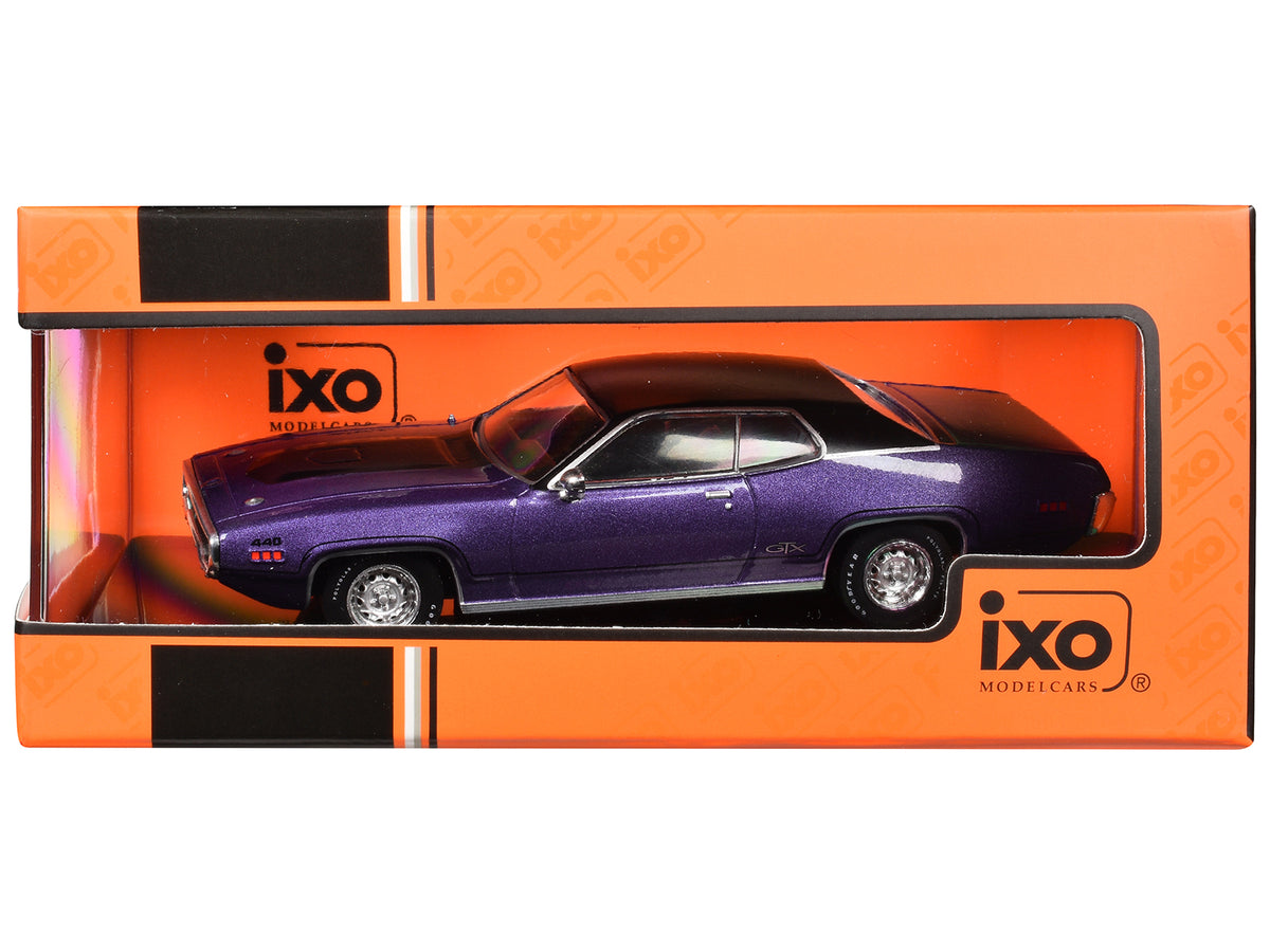 1971 Plymouth GTX Purple Metallic with Black Vinyl Top and Black Hood Stripe 1/43 Diecast Model Car