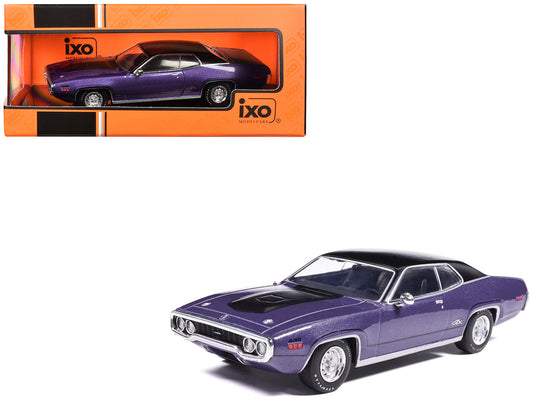 1971 Plymouth GTX Purple Metallic with Black Vinyl Top and Black Hood Stripe 1/43 Diecast Model Car