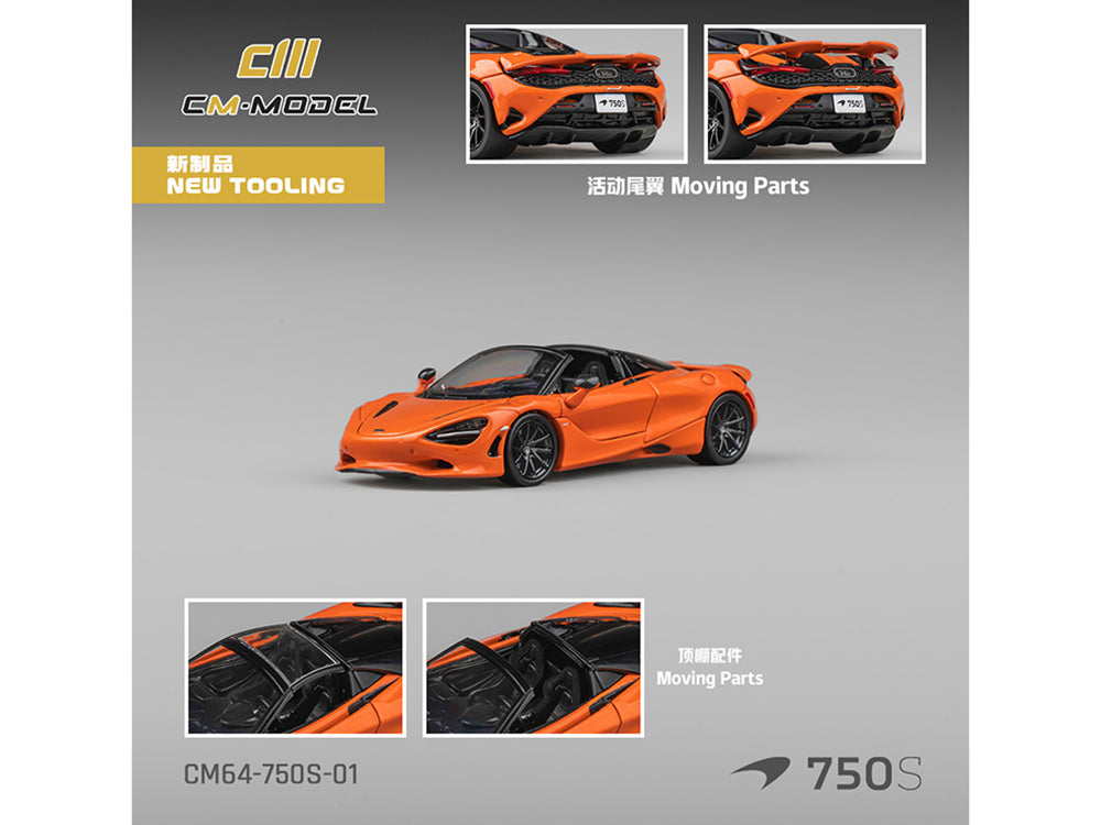 McLaren 750S Spider Orange with Black Accents 1/64 Diecast Model Car