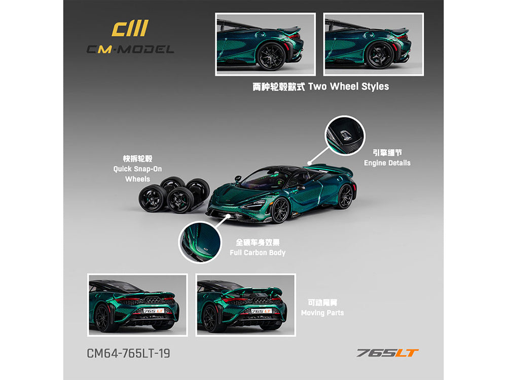 McLaren 765LT Green Carbon Metallic with Black Top and Extra Wheels 1/64 Diecast Model Car