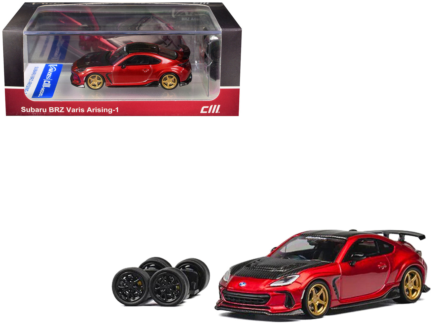 Subaru BRZ Varis Arising-1 RHD (Right Hand Drive) Red Metallic with Carbon Hood and Top and Extra Wheels 1/64 Diecast Model Car