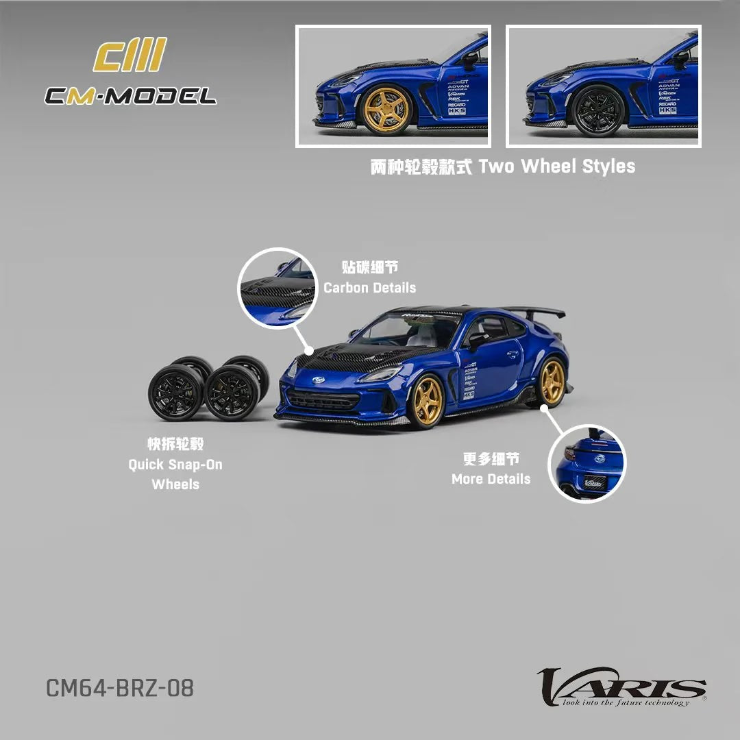 Subaru BRZ Varis Arising-1 RHD (Right Hand Drive) Blue Metallic with Carbon Hood and Top and Extra Wheels 1/64 Diecast Model Car