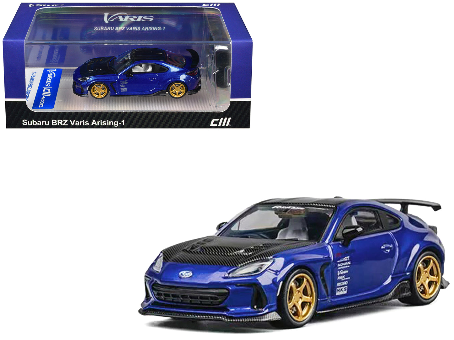 Subaru BRZ Varis Arising-1 RHD (Right Hand Drive) Blue Metallic with Carbon Hood and Top and Extra Wheels 1/64 Diecast Model Car
