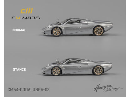 Pagani Huayra Codalunga Silver Metallic with Sunroof and Extra Wheels 1/64 Diecast Model Car