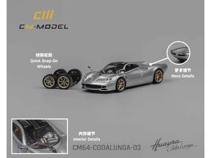 Pagani Huayra Codalunga Silver Metallic with Sunroof and Extra Wheels 1/64 Diecast Model Car