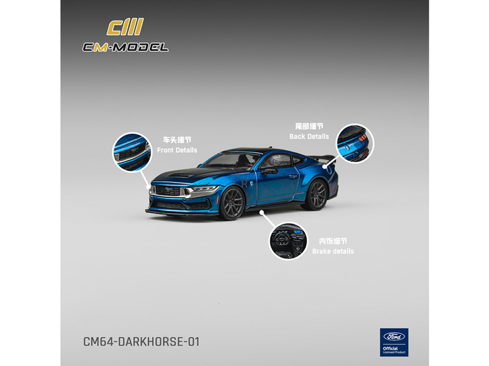 Ford Mustang Dark Horse Blue Metallic with Matt Black Hood and Black Top 1/64 Diecast Model Car