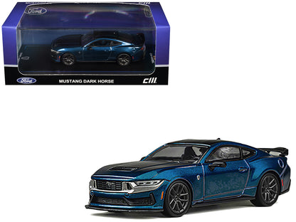 Ford Mustang Dark Horse Blue Metallic with Matt Black Hood and Black Top 1/64 Diecast Model Car