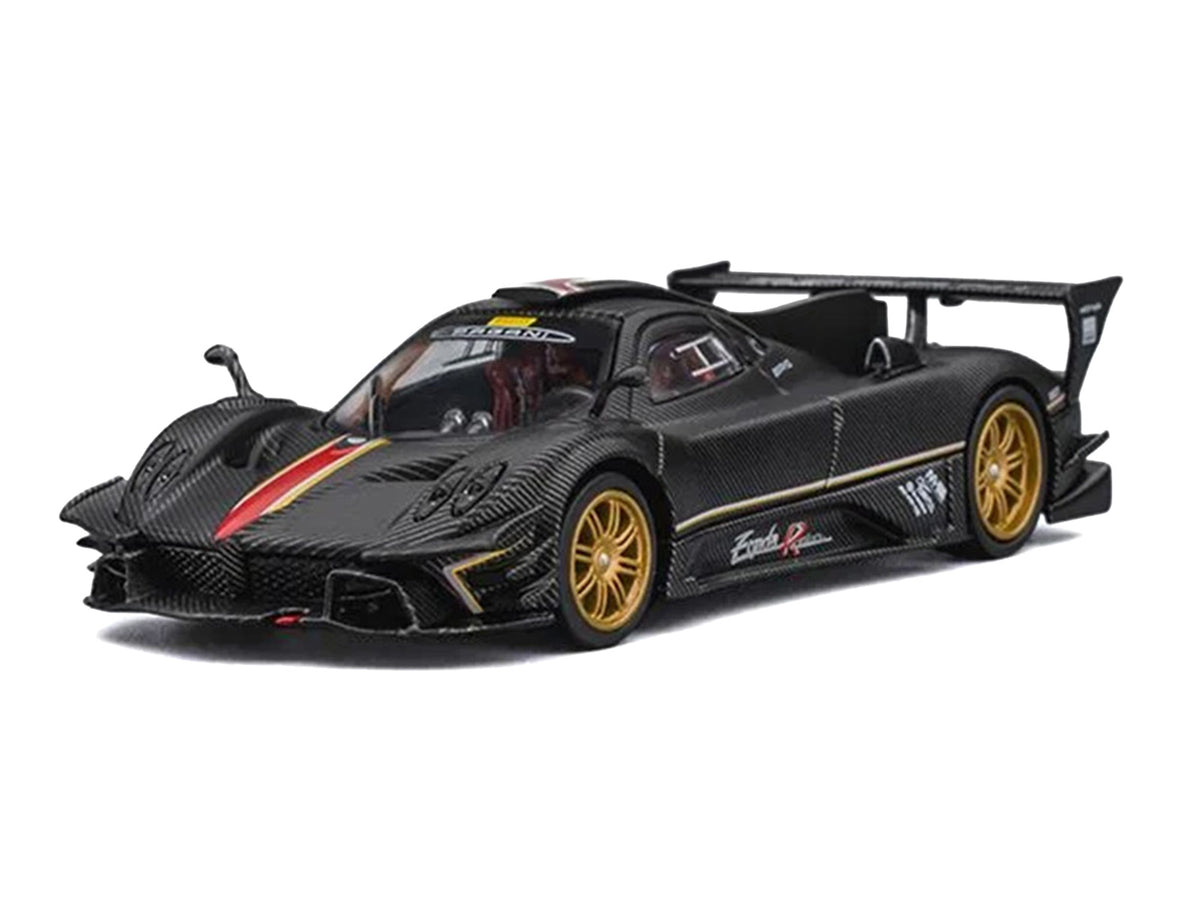 Nurburgring Diorama Set with Pagani Zonda Revolucion Carbon with Red and Gold Stripes and Extra Wheels 1/64 Diecast Model Car