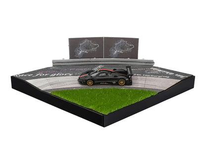 Nurburgring Diorama Set with Pagani Zonda Revolucion Carbon with Red and Gold Stripes and Extra Wheels 1/64 Diecast Model Car