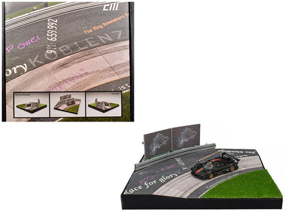 Nurburgring Diorama Set with Pagani Zonda Revolucion Carbon with Red and Gold Stripes and Extra Wheels 1/64 Diecast Model Car