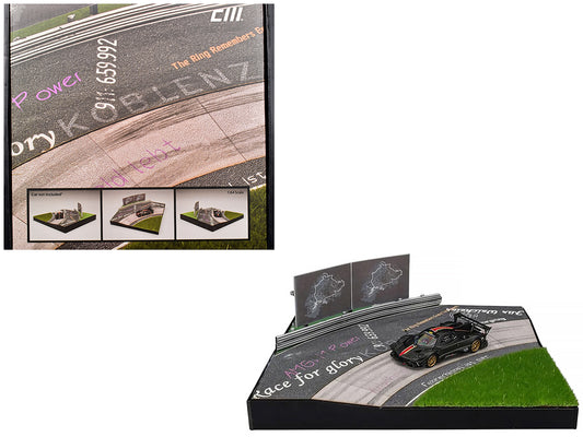 Nurburgring Diorama Set with Pagani Zonda Revolucion Carbon with Red and Gold Stripes and Extra Wheels 1/64 Diecast Model Car