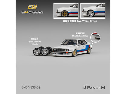 Pandem E30 V1 White with Stripes and Extra Wheels 1/64 Diecast Model Car