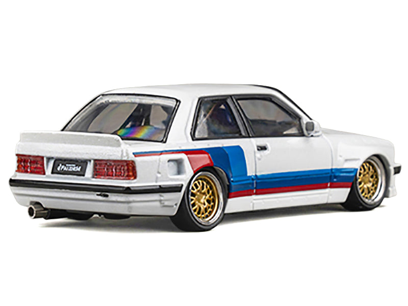 Pandem E30 V1 White with Stripes and Extra Wheels 1/64 Diecast Model Car