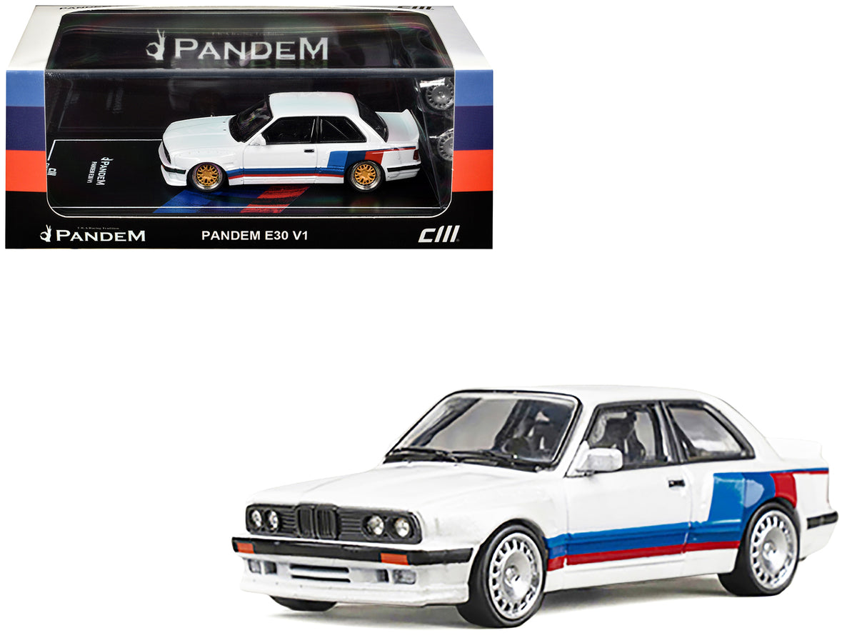 Pandem E30 V1 White with Stripes and Extra Wheels 1/64 Diecast Model Car