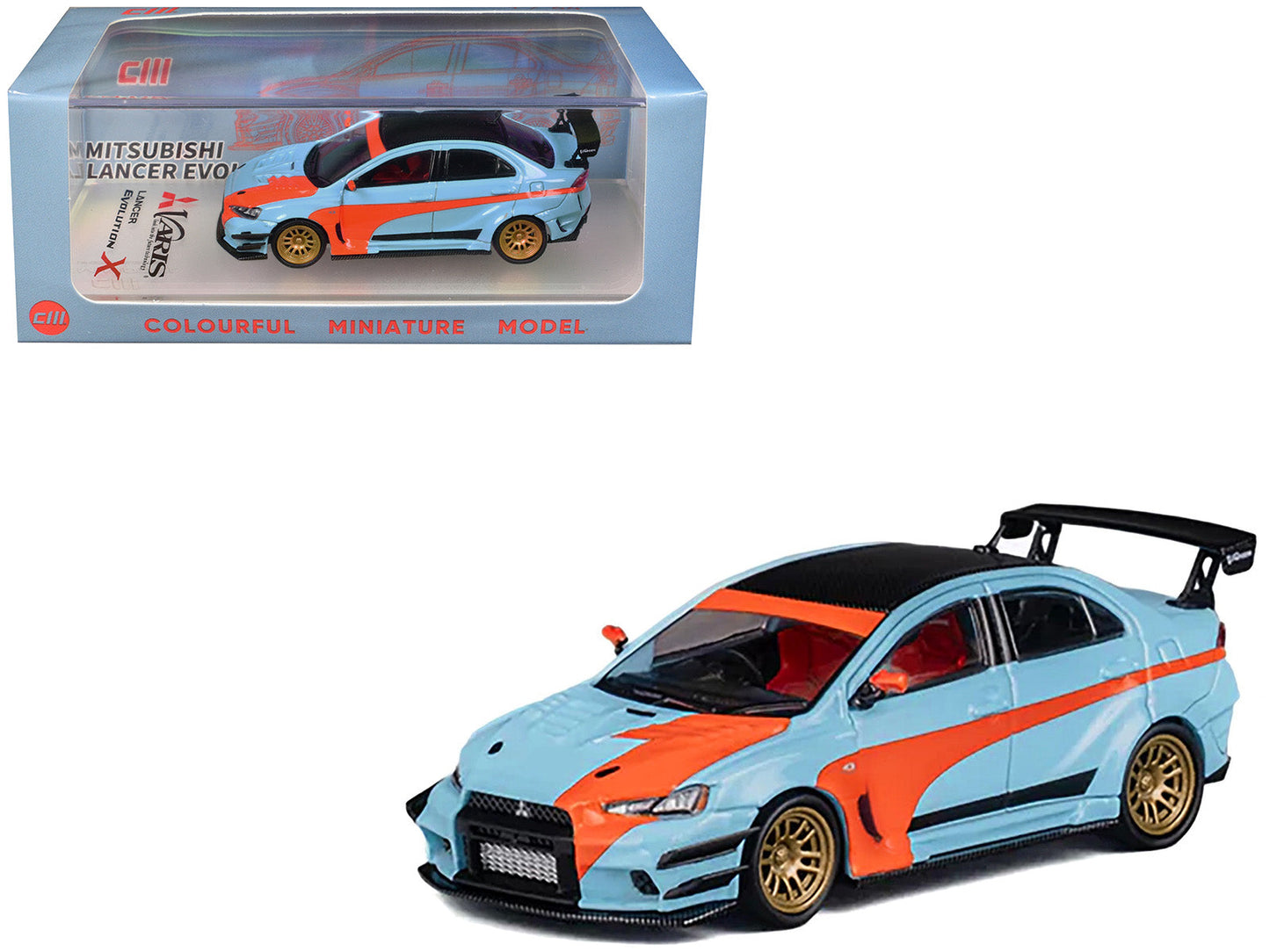 Mitsubishi Lancer Evolution X Varis RHD (Right Hand Drive) Light Blue with Black Top and Orange Stripes 1/64 Diecast Model Car