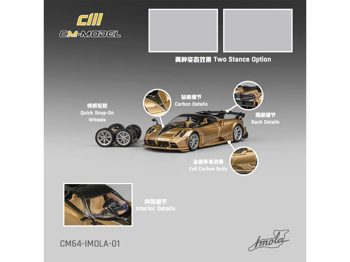 Pagani Imola Gold Carbon Metallic with Black Carbon Top with Extra Wheels 1/64 Diecast Model Car