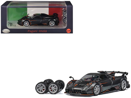 Pagani Imola Dark Gray Metallic with Carbon and Orange Accents with Extra Wheels 1/64 Diecast Model Car