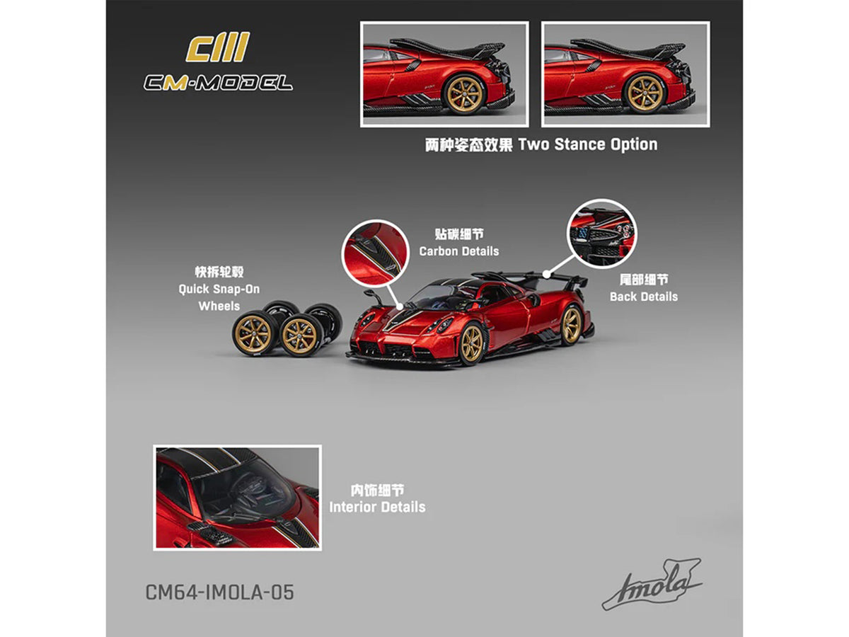 Pagani Imola Red Metallic with Carbon Top and Stripes with Extra Wheels 1/64 Diecast Model Car