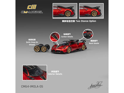 Pagani Imola Red Metallic with Carbon Top and Stripes with Extra Wheels 1/64 Diecast Model Car