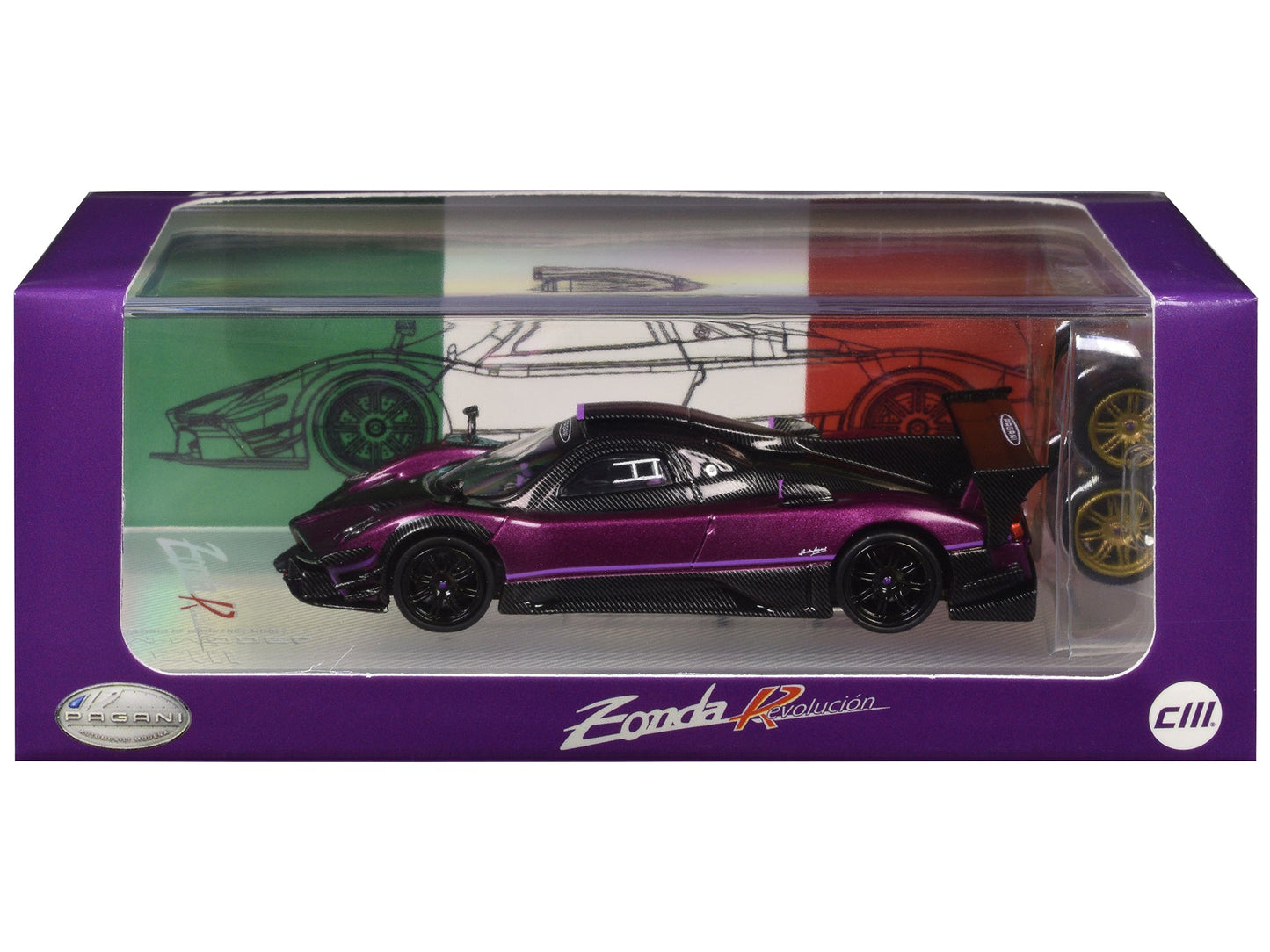 Pagani Zonda Revolucion Purple Metallic and Carbon with Extra Wheels 1/64 Diecast Model Car