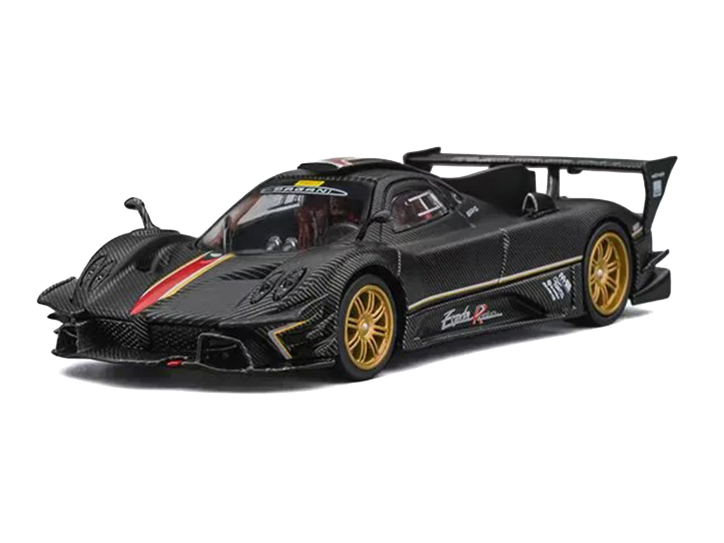 Pagani Zonda Revolucion Carbon with Red and Gold Stripes and Extra Wheels 1/64 Diecast Model Car