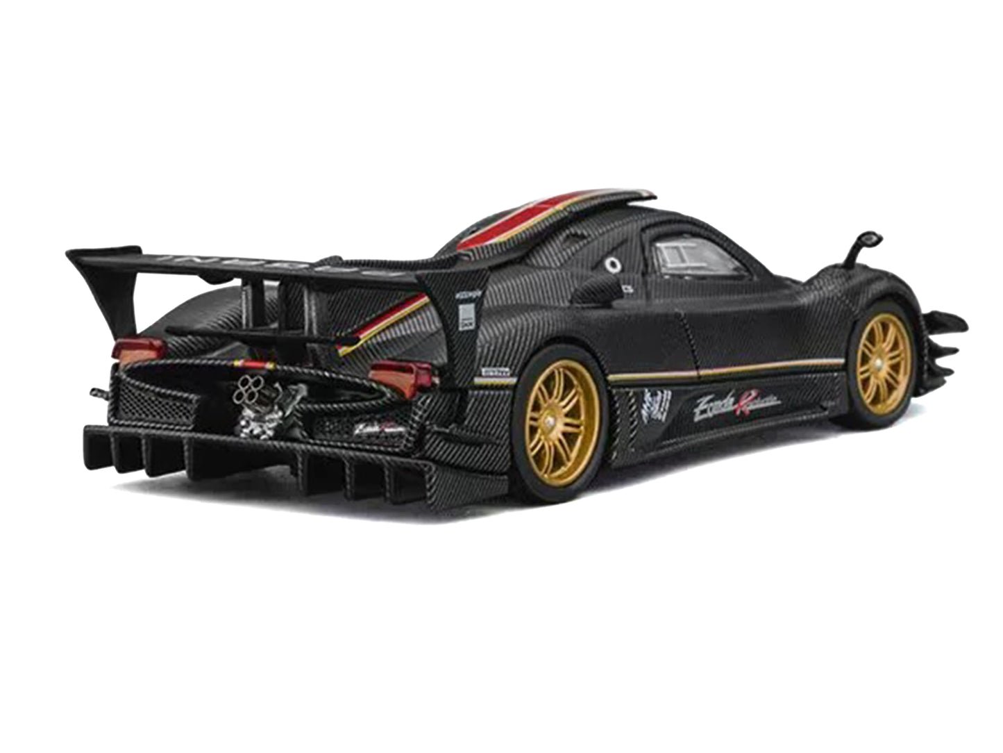 Pagani Zonda Revolucion Carbon with Red and Gold Stripes and Extra Wheels 1/64 Diecast Model Car