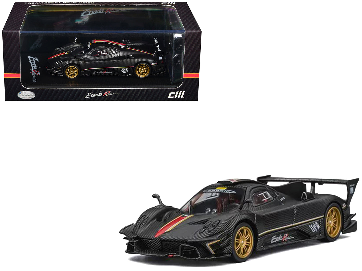 Pagani Zonda Revolucion Carbon with Red and Gold Stripes and Extra Wheels 1/64 Diecast Model Car