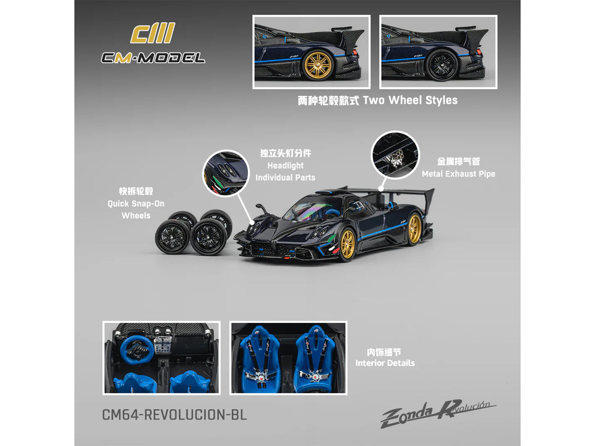 Pagani Zonda Revolucion Dark Blue Metallic and Carbon with Extra Wheels 1/64 Diecast Model Car