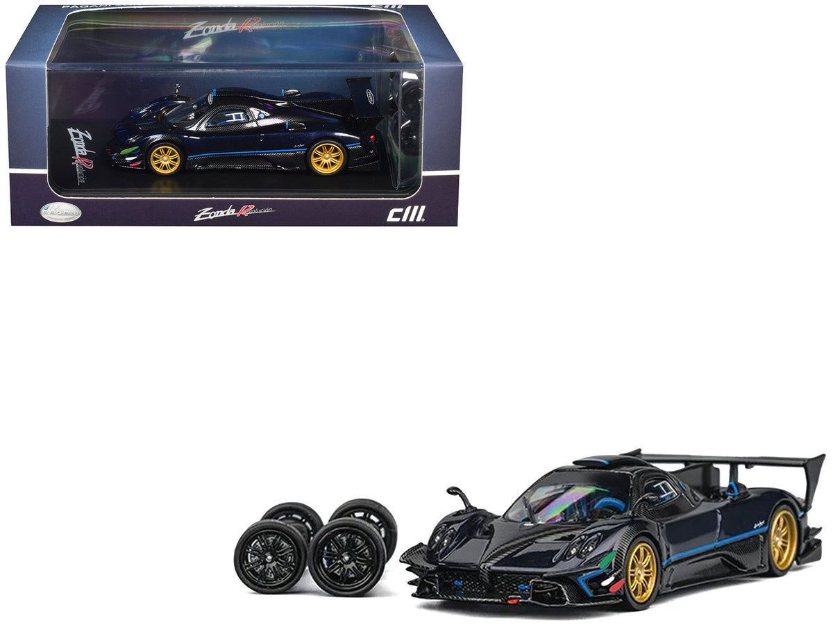 Pagani Zonda Revolucion Dark Blue Metallic and Carbon with Extra Wheels 1/64 Diecast Model Car