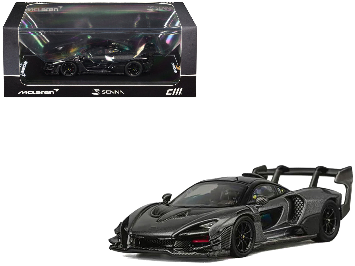 McLaren Senna GTR Dark Gray Metallic with Carbon Hood and Black Top 1/64 Diecast Model Car