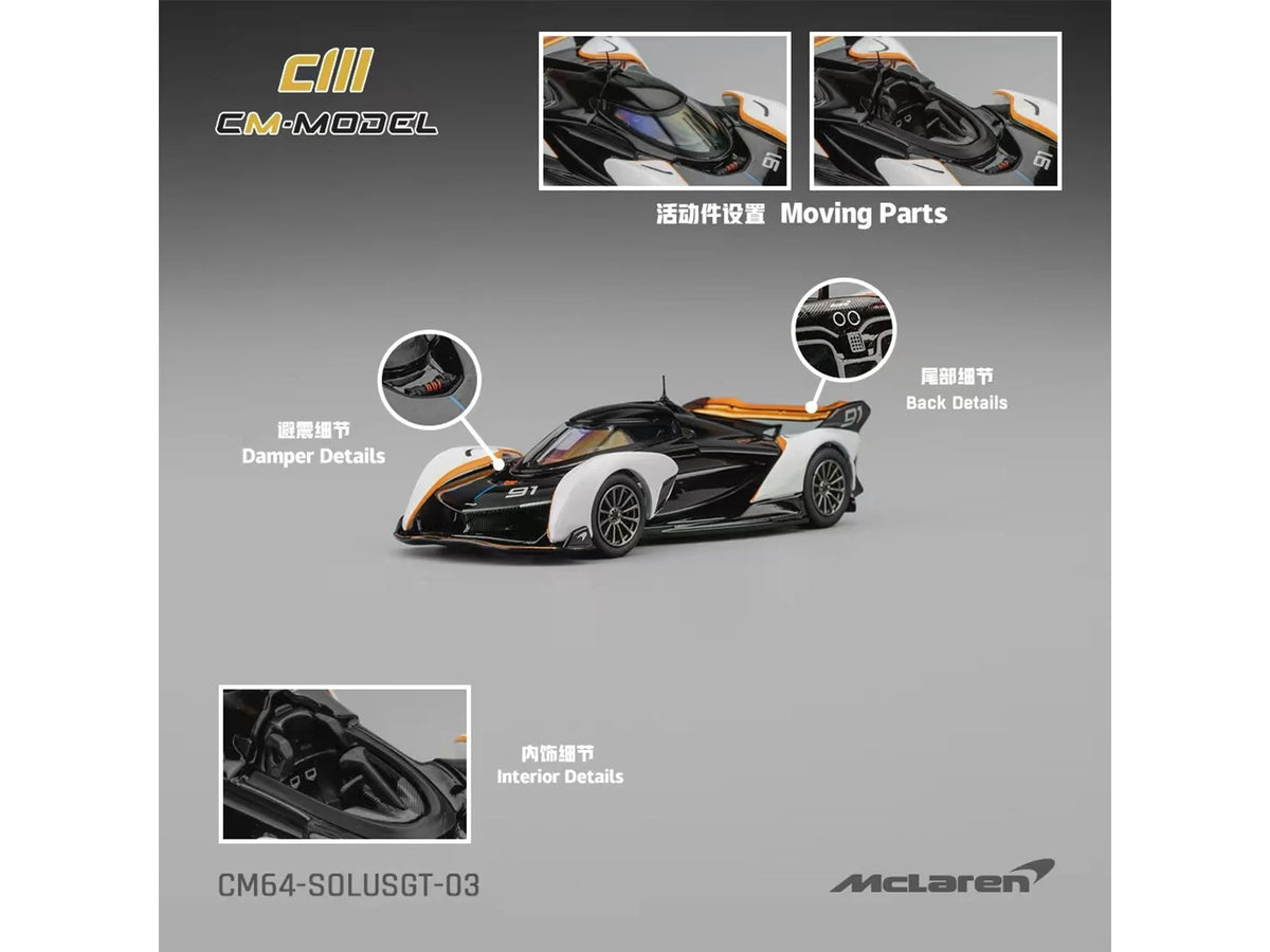 McLaren Solus GT #91 Black and White with Orange Accents 1/64 Diecast Model Car