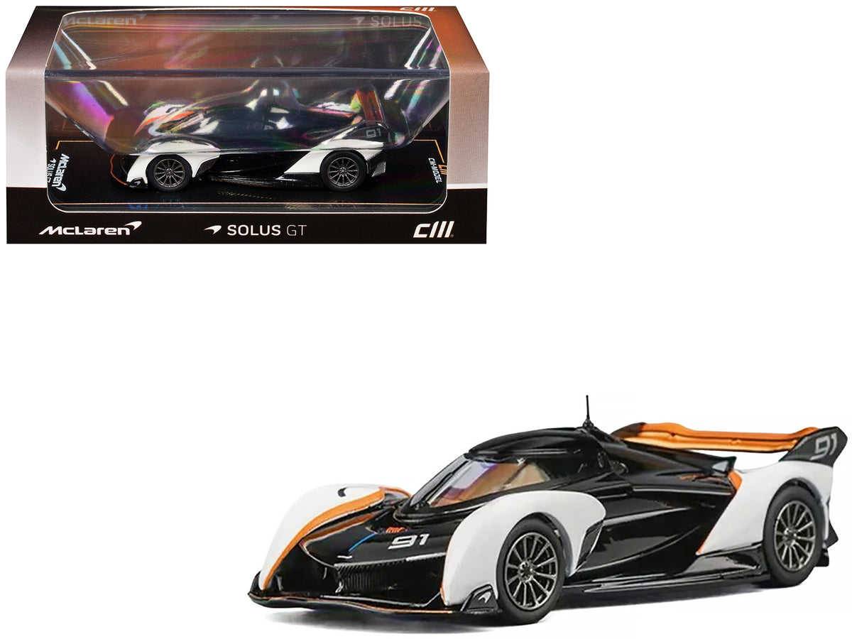 McLaren Solus GT #91 Black and White with Orange Accents 1/64 Diecast Model Car