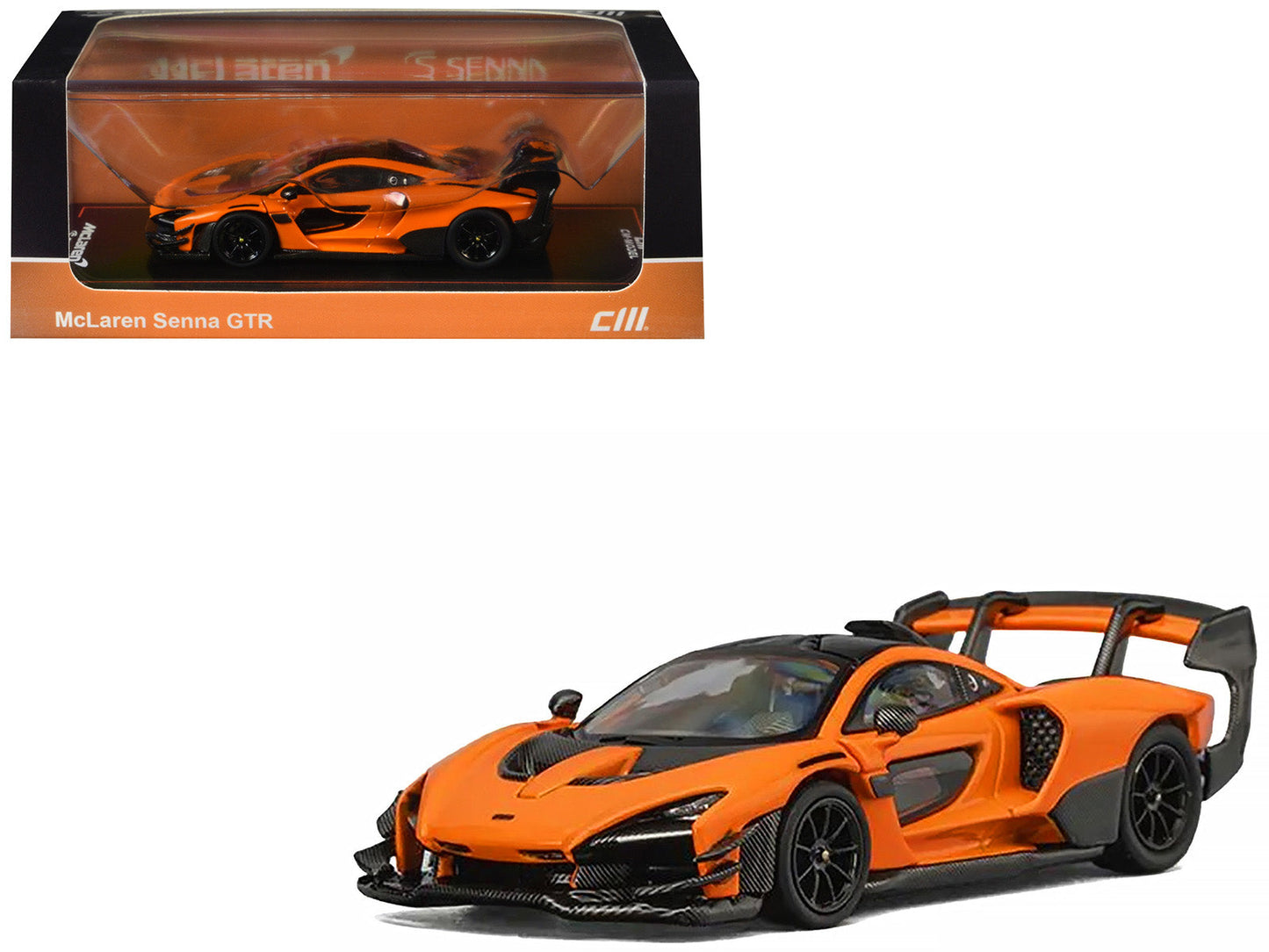 McLaren Senna GTR Orange Metallic with Carbon Hood and Black Top 1/64 Diecast Model Car