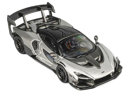 McLaren Senna GTR Silver Gray Metallic with Carbon Hood and Black Top 1/64 Diecast Model Car