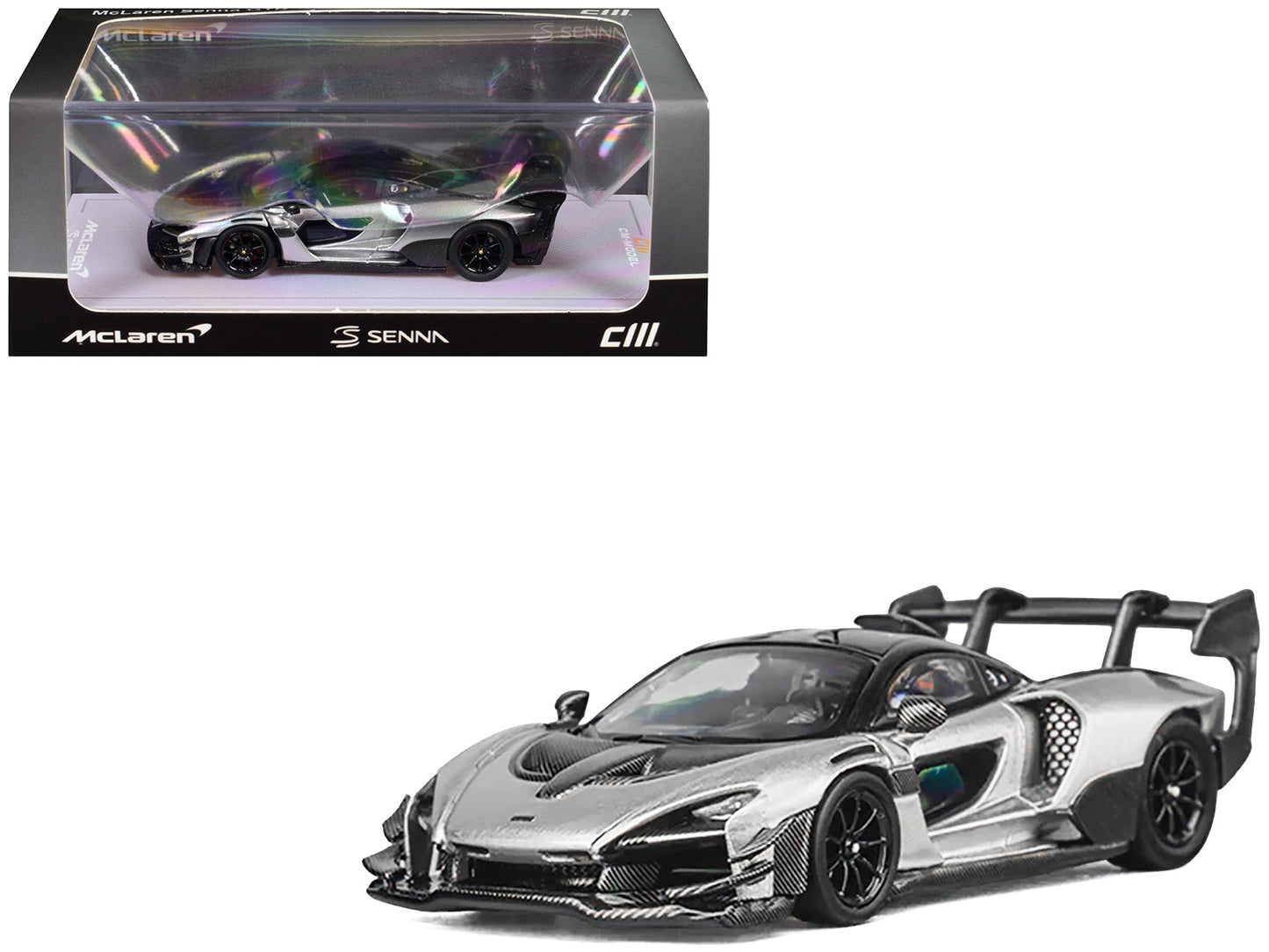 McLaren Senna GTR Silver Gray Metallic with Carbon Hood and Black Top 1/64 Diecast Model Car