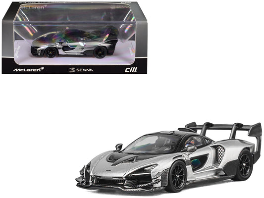 McLaren Senna GTR Silver Gray Metallic with Carbon Hood and Black Top 1/64 Diecast Model Car