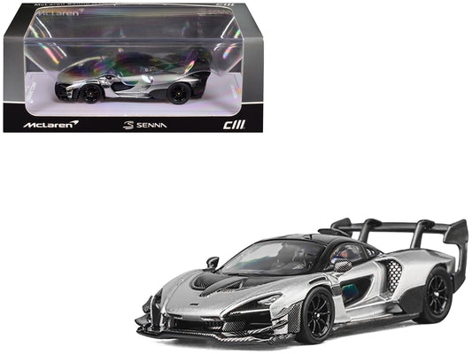 McLaren Senna GTR Silver Gray Metallic with Carbon Hood and Black Top 1/64 Diecast Model Car